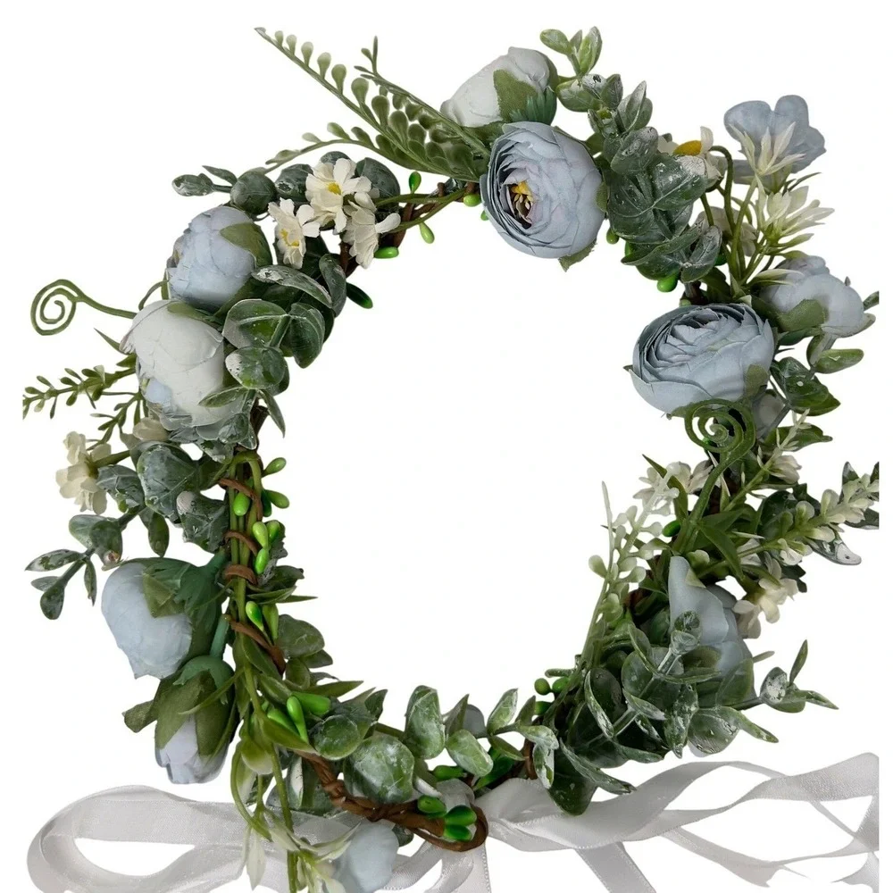 Dusty Blue Floral Crown Flower Halo Adjustable Ribbon Wedding Festival Boho‎